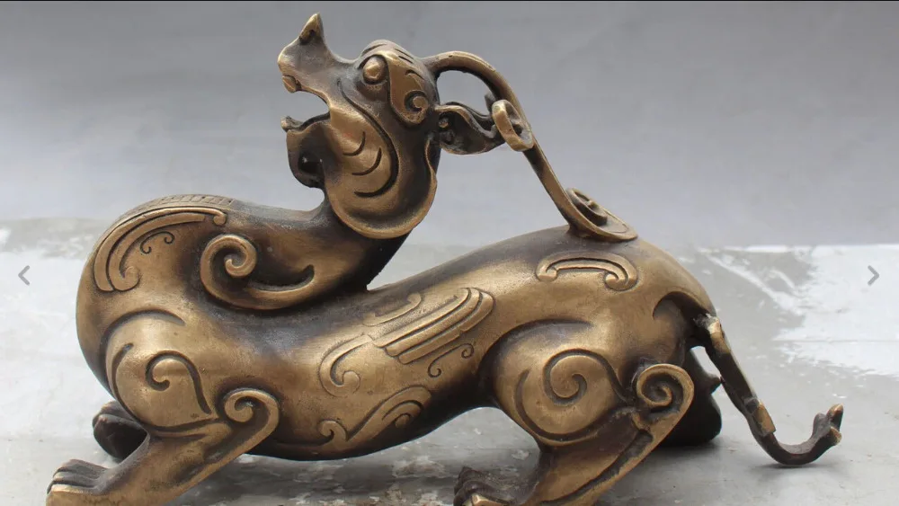 

song voge gem S0014 8" Chinese Feng shui Folk Bronze Dragon Beast Pi Xiu Unicorn Animal Statue Pair