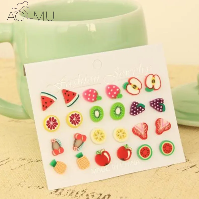 AOMU 12 пар/лот смешанные Летние ручной работы Fimo фрукты из полимерной глины серьги-гвоздики для маленьких девочек подарок на день рождения