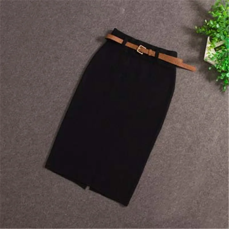 Женские миди юбки, вязанная однотонная женская юбка-карандаш, высокая талия с поясом, сексуальные женские юбки средней длины 2121 50