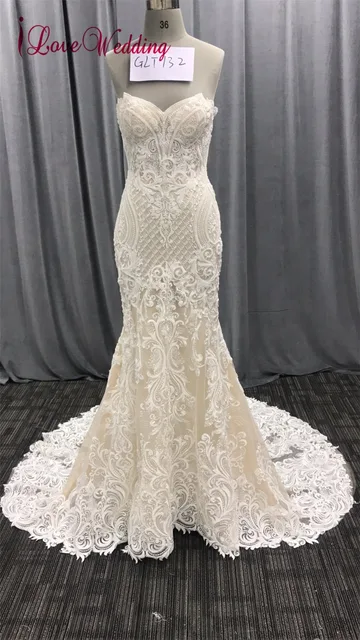 Pearls Mermaid Wedding Dress Real Image Luxury Appliques Beads Bridal Gown Robe De Mariee Lace Sleeveless Wedding Gown 2