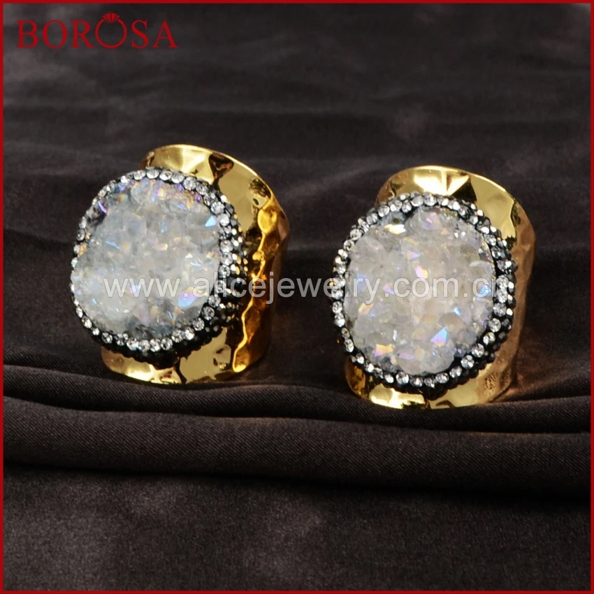 Модная Друза borosa bang кольцо Круглый натуральный кристалл Druzy Titanium AB geode stone pave cz на