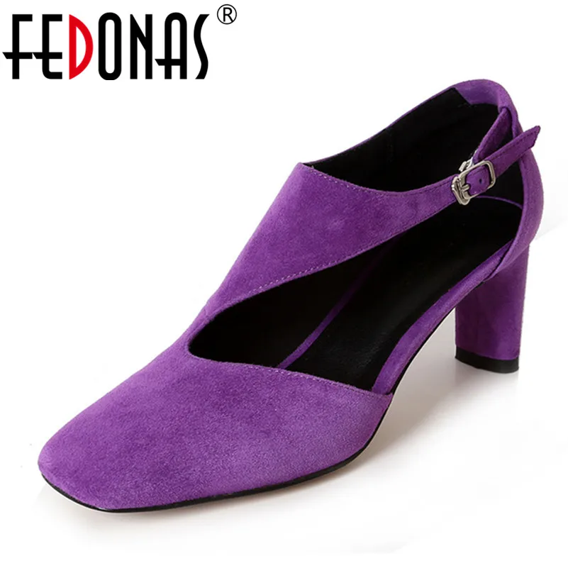 

FEDONAS Brand Design Vintage Buckle Rome Women Pumps Genuine Leather Square Toe High Heels Summer Shoes Party Prom Office Shoes