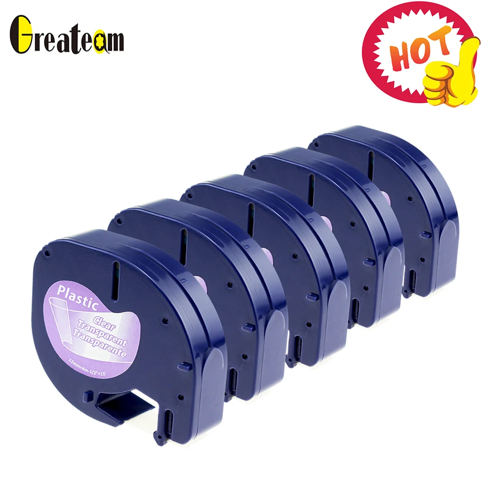 Greateam 5 шт 12267 совместимый с dymo LetraTag 16952 16951 самоклеящийся черный на прозрачной 12 мм