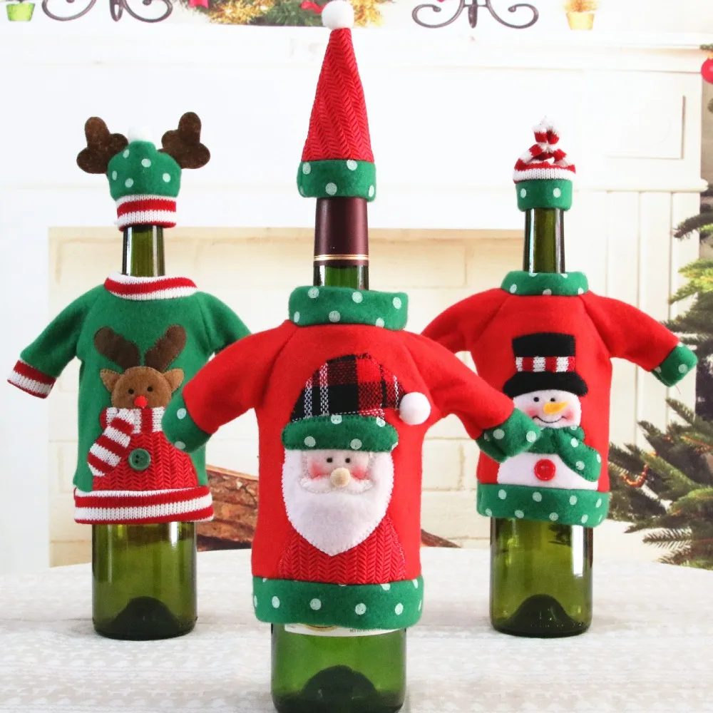 

New Christmas Wine Bottle Set Embroidery Cartoon Gift Bag Dinner Table Decor Cute Party Decoration adornos de navidad 1Piece