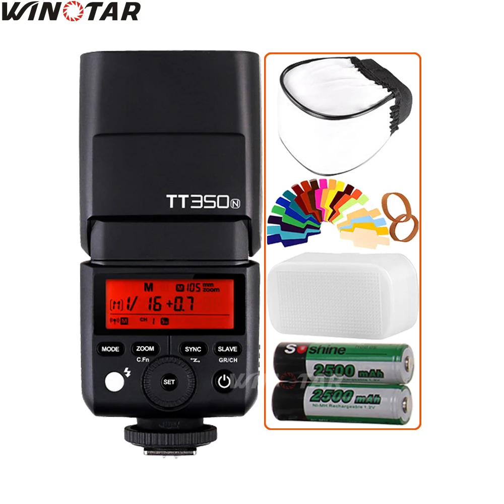Godox mini speedlite tt350n câmera flash ttl hss + 2x2500 mah bateria