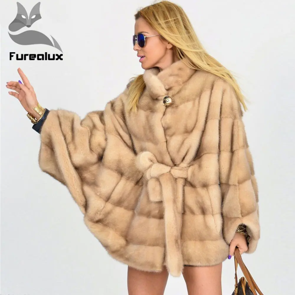 Furealux стиль рукав летучая мышь настоящая норковая шуба воротник стойка для дам с поясом Модные женские куртки