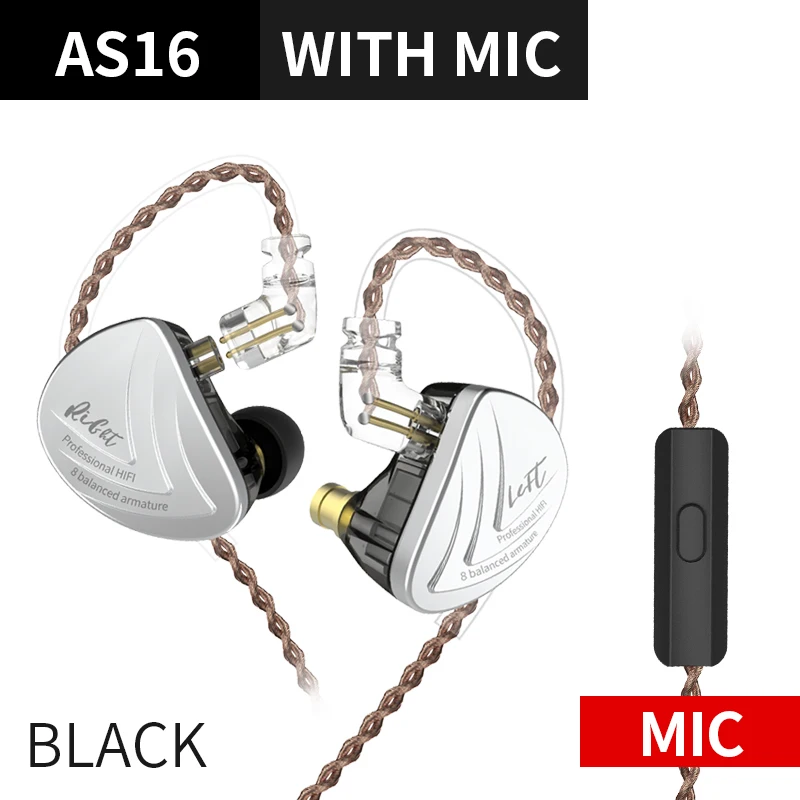 black with mic KZ AS16 8BA наушники-вкладыши, гарнитура с сбалансированным арматурным покрытием, высокое качество звука, монитор, HiFi наушники KZ AS12 AS10 BA10 AS06 C16 C12 - Цвет: black with mic