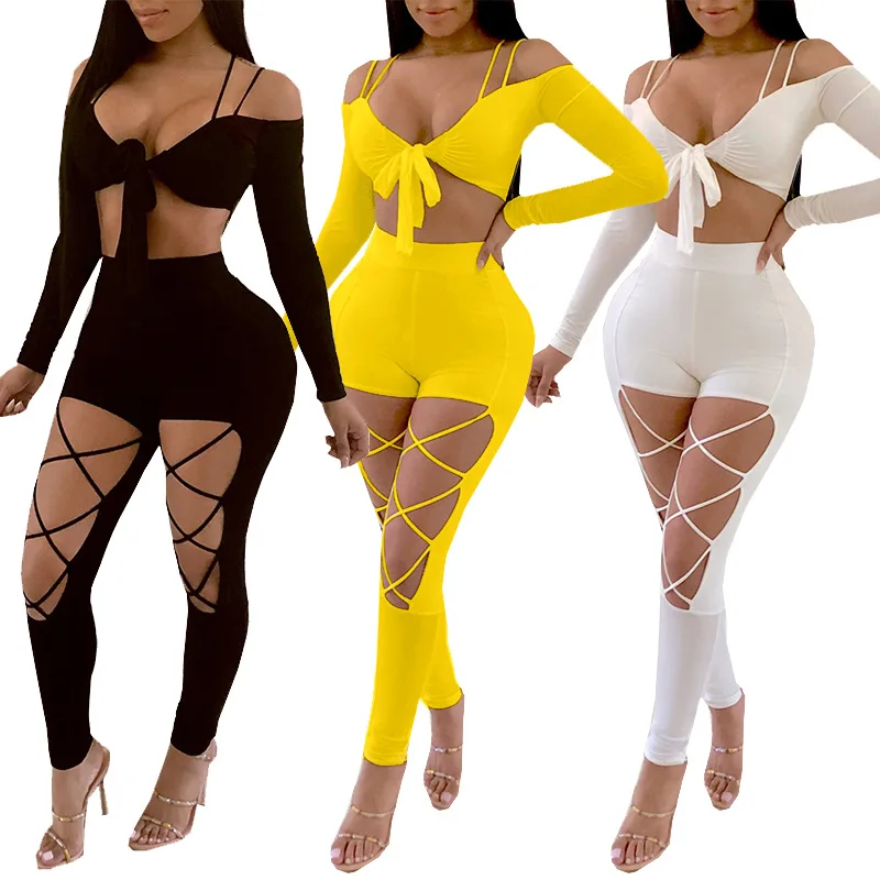 

beach Nightclub Party 2 Piece Sets Women Summer Outfits Bow Tie Crop Top and Hollow Out Pant Set Sexy Two Piece Set Top and Pant