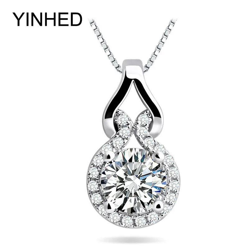 

YINHED Real Solid 925 Sterling Silver Necklaces & Pendants 7mm AAA+ Round CZ Pendant Necklace Women Jewelry ZNY10