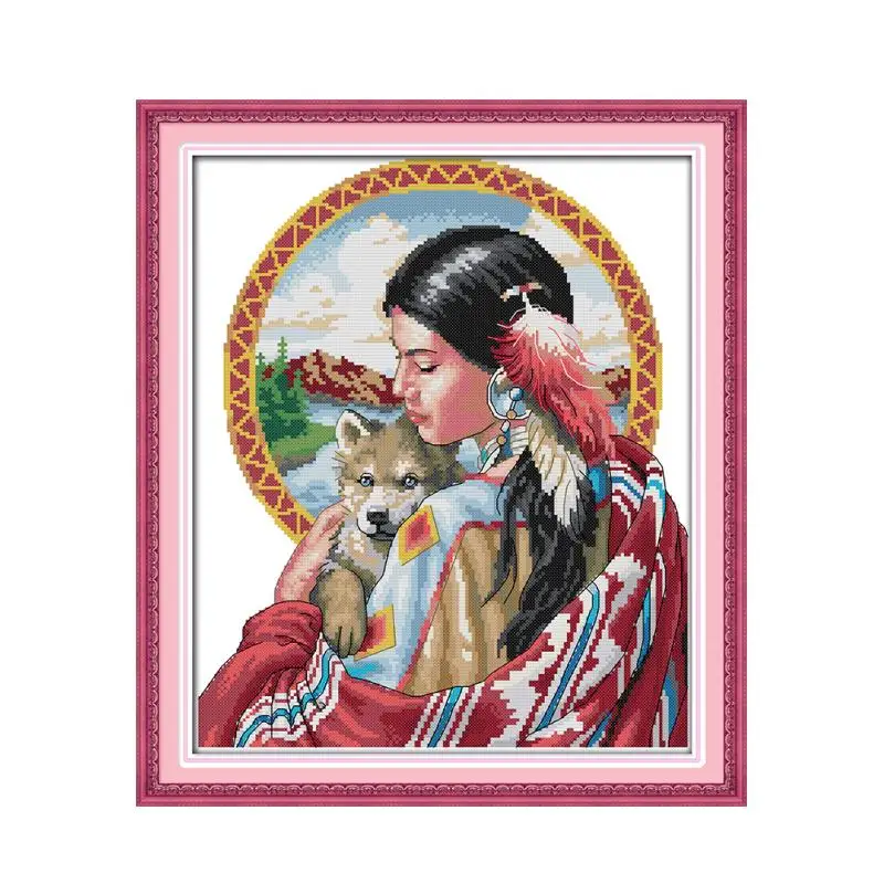 Joy Sunday Набор для вышивки с изображением Индийской Девушки и маленького волка 11