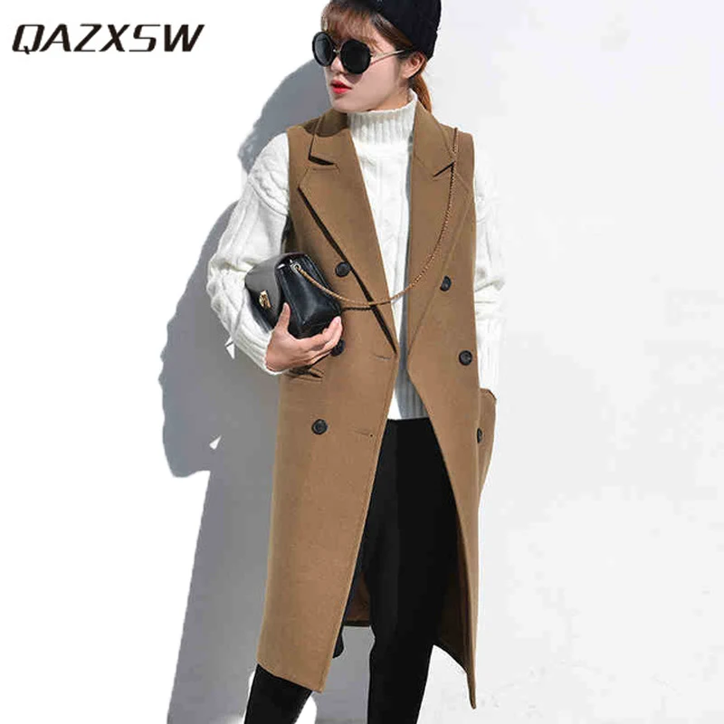 QAZXSW New Women Formal Jacket Brand Waistcoat Sleeveless Long Wool Coat OL Jacket XS~XXL Slim Sleeveless Jacket Suit Vest ZJ886