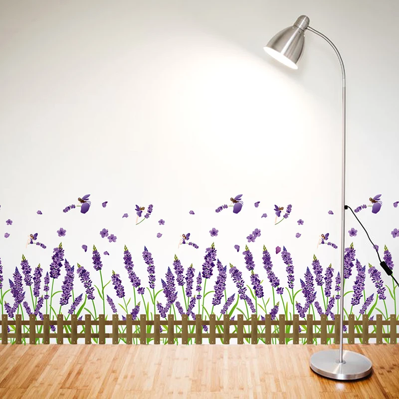 

[SHIJUEHEZI] Lavender Flower Baseboard Sticker Purple Color Plant Wall Decals for House Living Room Bedroom Decoration