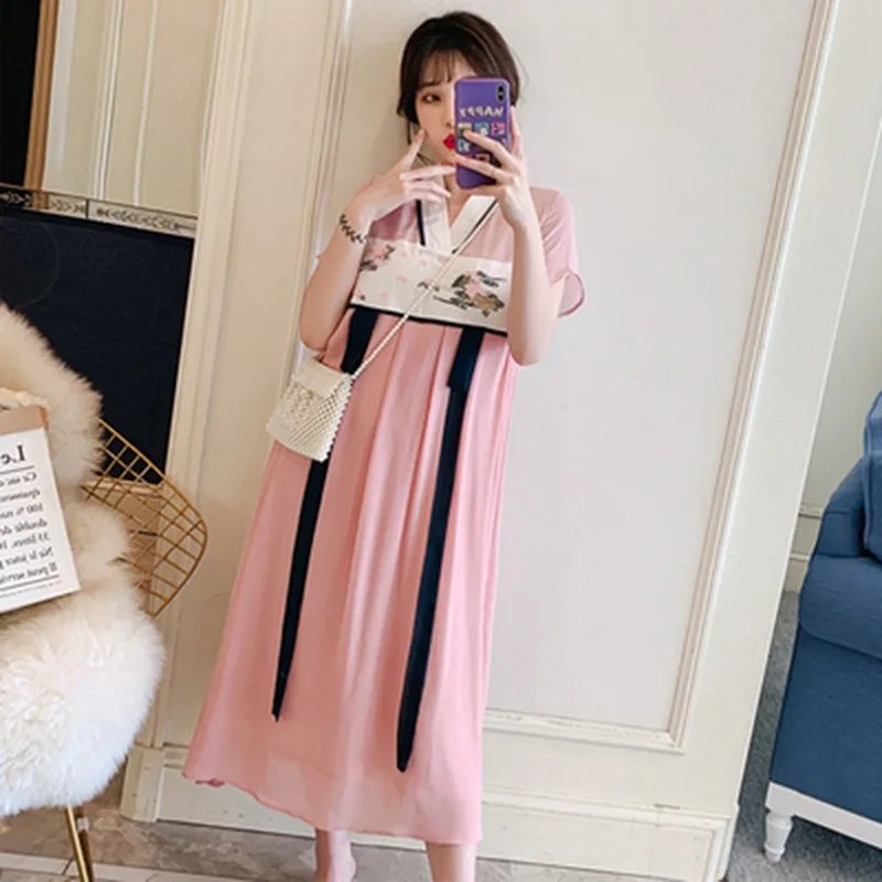 

Korean Vintage Embroidery Japanese Lolita Cute Sexy High Waist Tassel Midi Long Chiffon Dress Pink Cosplay Boho Plus Size Big