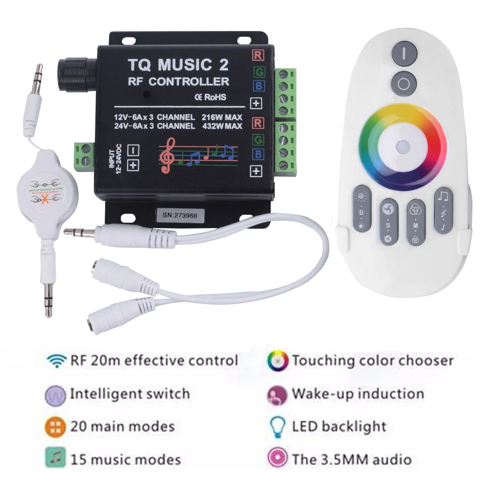 

DC12-24V 18A RF Remote RGB led strip Music 2 Controller Intelligent Sonic Sensitivity Audio control for 3528 5050 5630 Led light