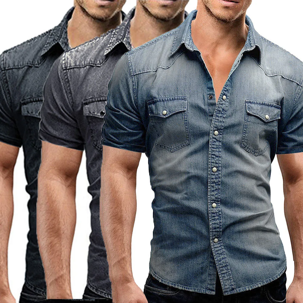 Мужская рубашка Повседневная приталенная джинсовая рубашка на пуговицах мужские топы с коротким рукавом Блузка с карманом