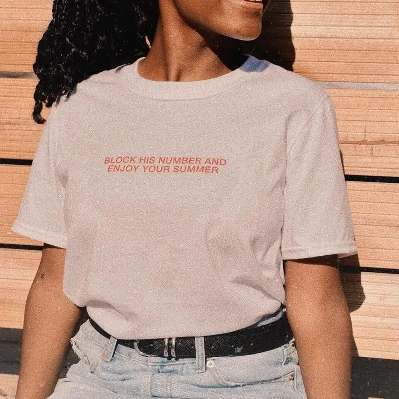 Блокируйте его номер и наслаждайтесь вашей летней футболкой Женская мода унисекс пастельный эстетический слоган гранж tumblr Цитата Винтаж Топ Футболка - Цвет: White - red txt