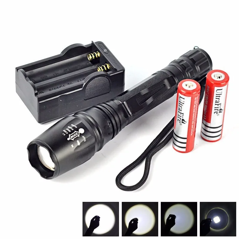 

3800 lm T6 LED Tactical Flashlight Torch 5 Modes Zoomable Flashlight + 2x18650 battery charger