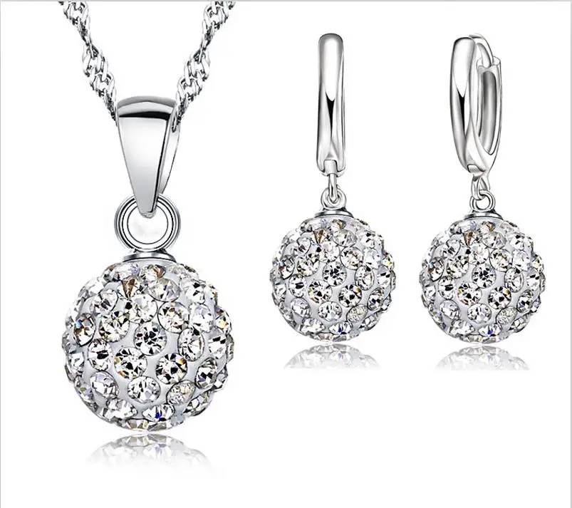 925 серебряные ювелирные наборы со стразами CZ кристалл диско шар кулон ожерелье серьги для женщин подарок свадебные аксессуары - Окраска металла: white