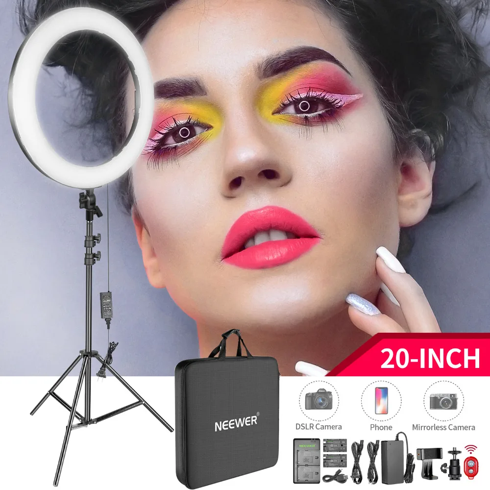 Neewer 20-inch LED Ring Light Kit:(1)44W Dimmable Bi-color Circle Light(1)2M Pro Light Stand(1)Ball Head(1)Phone Holder