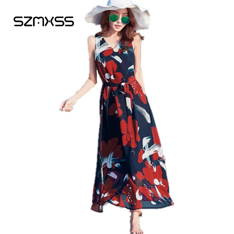 2017 Women Maxi Beach font b Dress b font Sleeveless Casual Vestidos Chiffon Vintage Floral Print