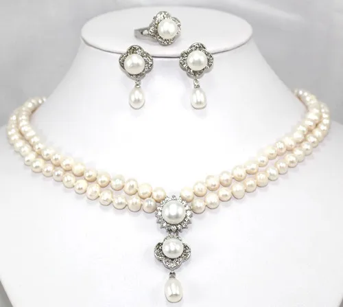 

women Fashion Jewelry Wholesale charming 2 rows 8mm white shell pearl earring pendant necklace ring jewelry set>>003