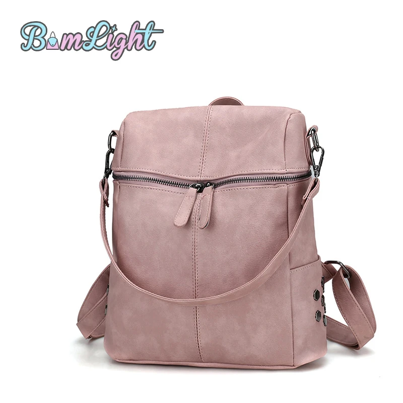 

Bomlight Simple Style Backpack Women PU Leather Backpacks For Teenage Girls School Bags Fashion Vintage Solid Shoulder Bag Pink