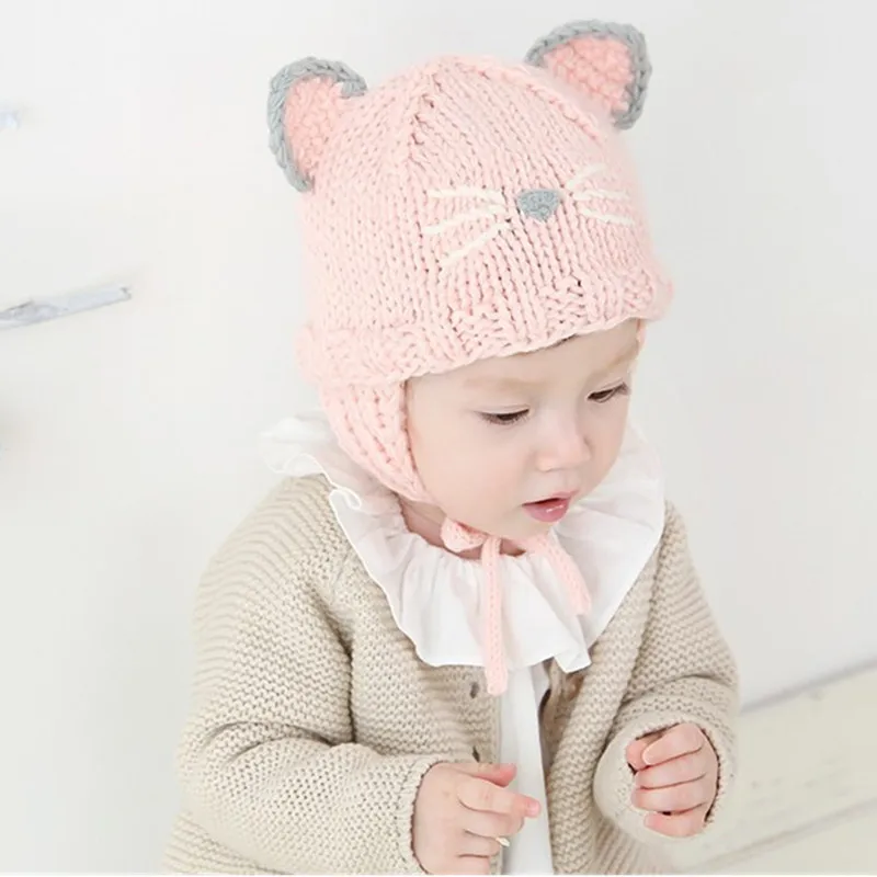 new crochet cartton cat ear kids beanies string rope kids hats knitted cotton boys girls winter spring wrap caps children hat 