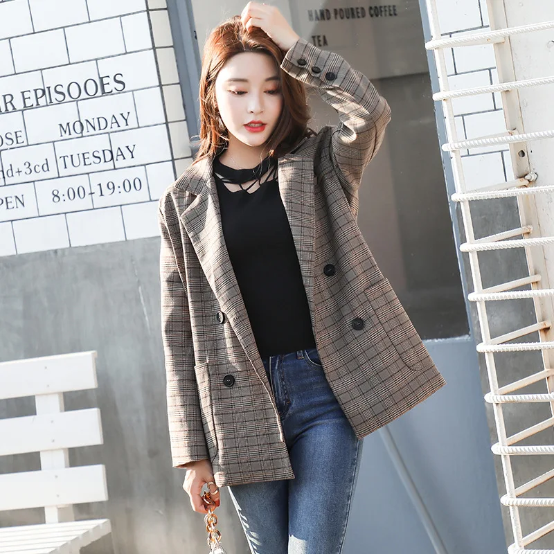 

Ladies suit jacket Korean retro loose double-breasted long-sleeved small suit 2019 new autumn high quality ladies jacket