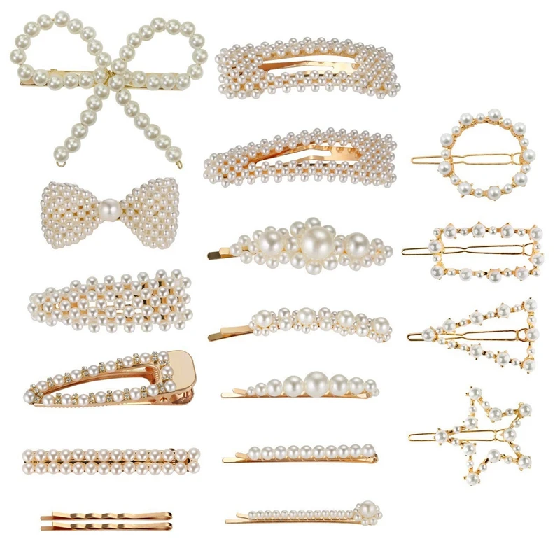 

Pearl Hair Barrettes For Women Girls, 18Pcs Fashion Sweet Artificial Pearl Hair Clips Geometric Barrette Decorative Bobby Pins