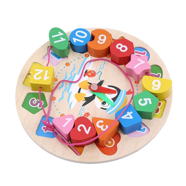 Clock Shaped Puzzles Cartoon Animal Printed Montessori Toys Beading Jigsaw Multifunction Wooden Puzzles Kids Educational Toys 2