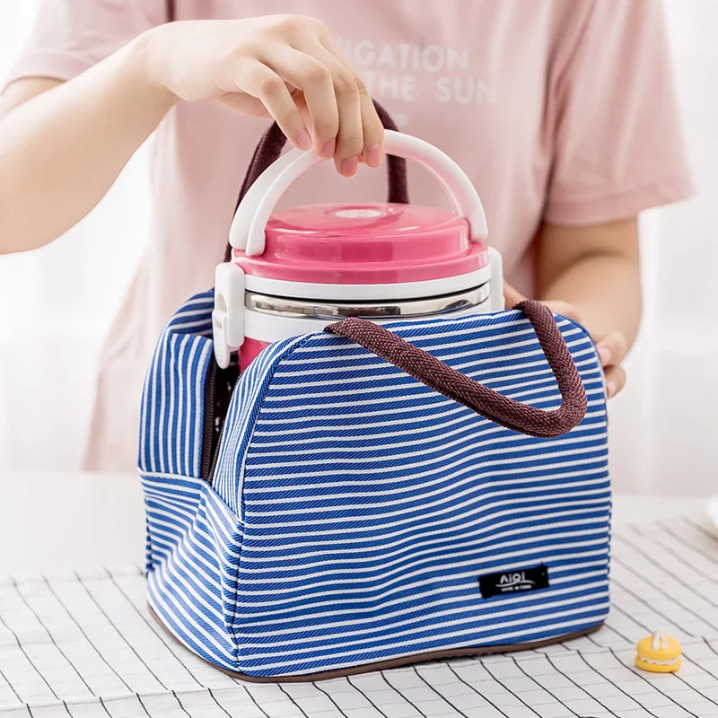 Leisure Women Portable Lunch Bag Canvas Stripe Insulated Cooler Thermal Food Picnic Box Tote