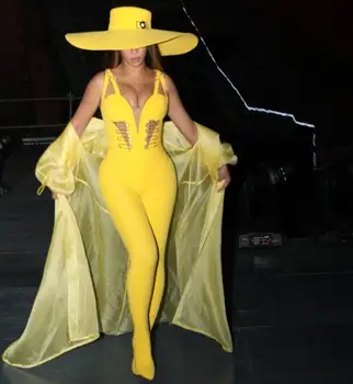 

Top Quality Sexy V Neck Yellow Bandage Jumpsuit 2019 Celebrity Designer Fashion Jumpsuit