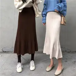 Корейские осенние зимние трикотажные свободные с высокой талией длинные юбки Повседневные плиссированные юбки для женщин юбки