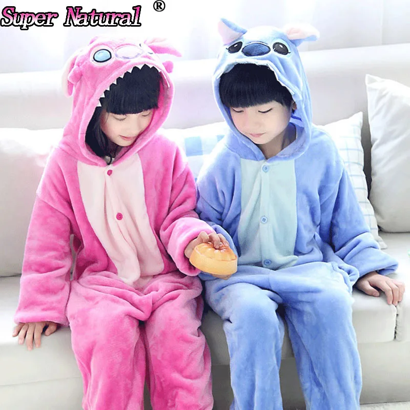 

HKSNG Kids Winter Cartoon Warm Flannel Blue Pink Stitch Kigurumi Pajamas Onesies Cosplay Costume Animal Pyjamas Homewear Hooded