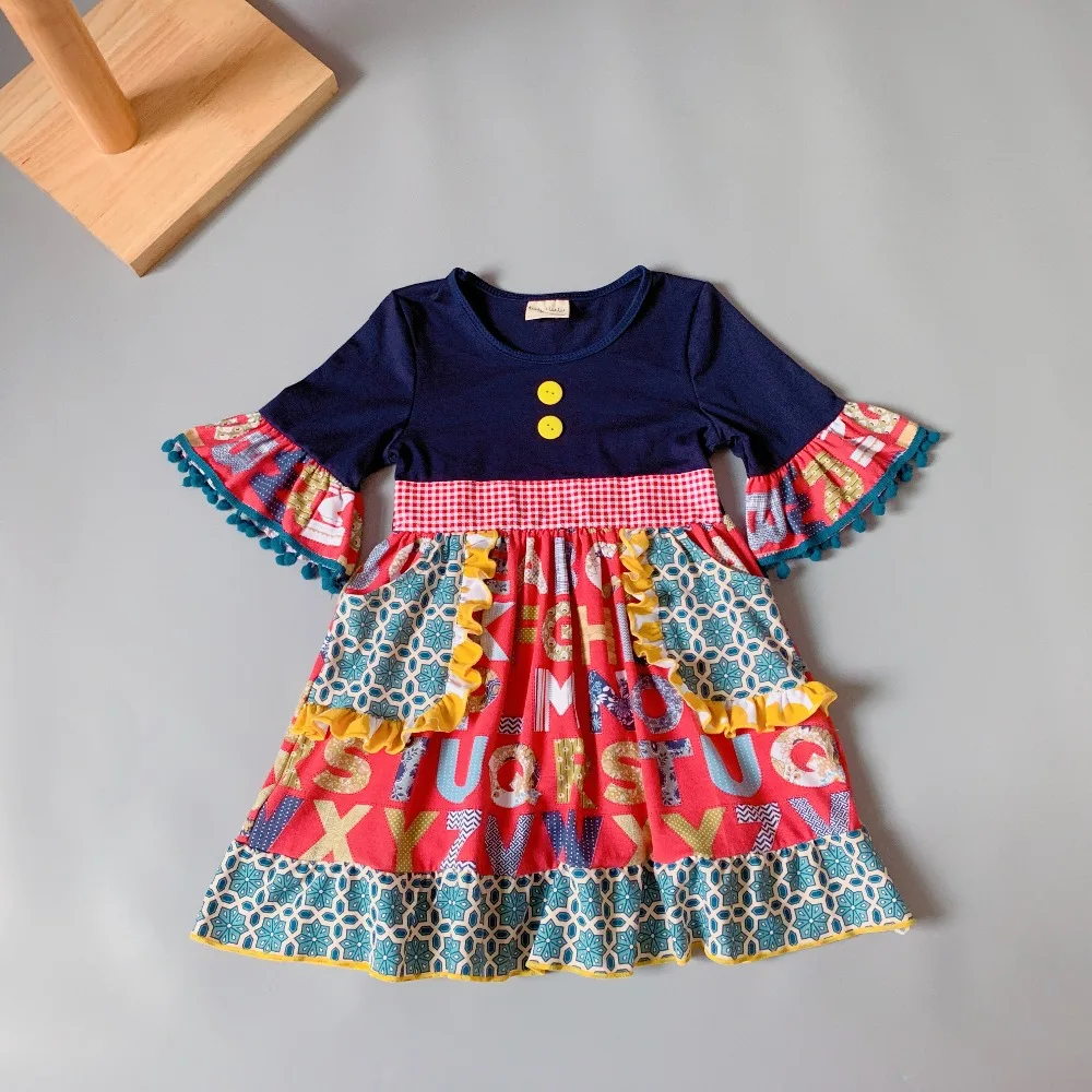 2019 NEW Summer and Fall Classics design ruffles 3/4 sleeves letters with pocke Baby Girls Dress kids's birthday present