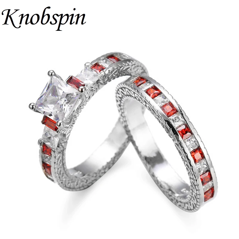 

Trendy Geometric Square Red Zircon Ring for Women European Ladies Wedding Engagement Ring Set Fashion Party Jewelry bague femme