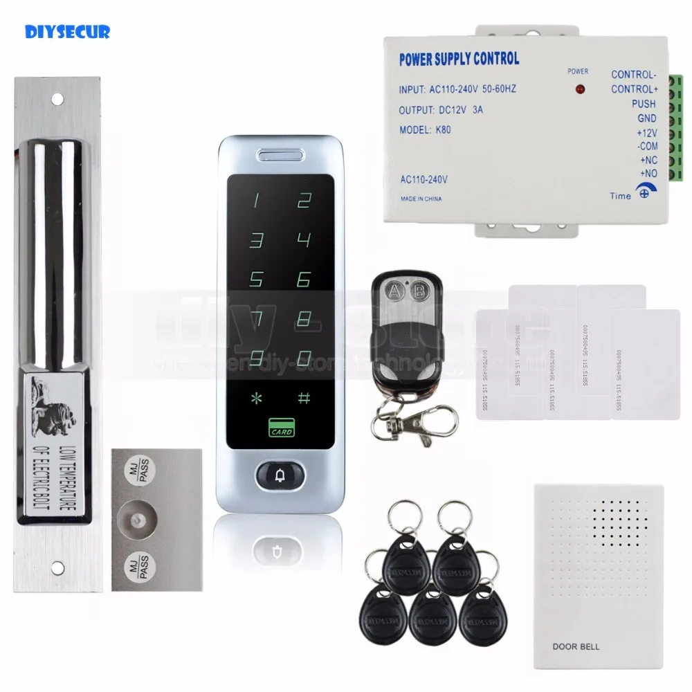 

DIYSECUR Electric Bolt Lock 125KHz RFID Reader Password Keypad Remote Control Door Access Control Security System Kit C40