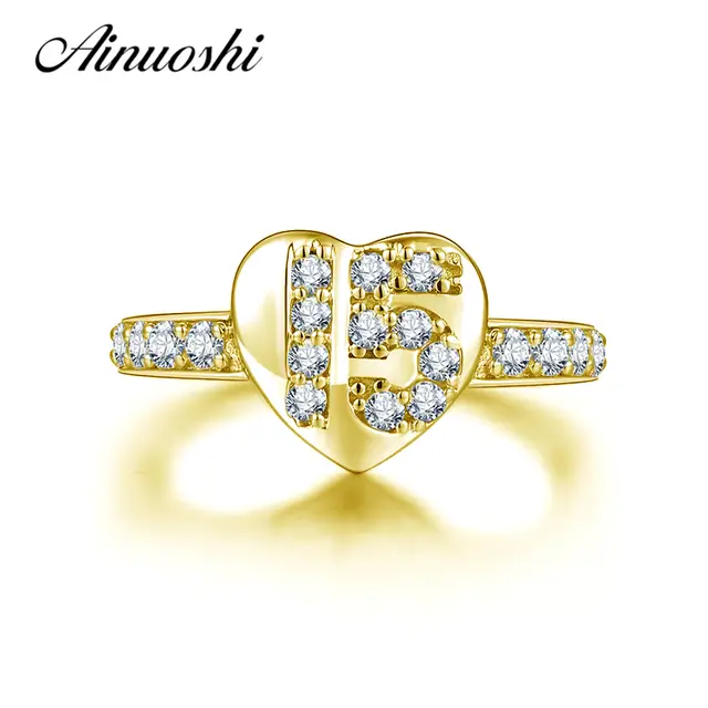 Ainuoshi 10k Solid Yellow Gold Heart Ring Luxurious 15th
