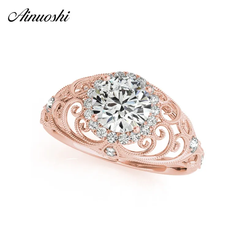 

AINUOSHI 925 Sterling Silver Rose Gold Color Round Cut 1ct Bridal Rings Women Engagement Halo Silver Rings Lady Wedding Jewelry