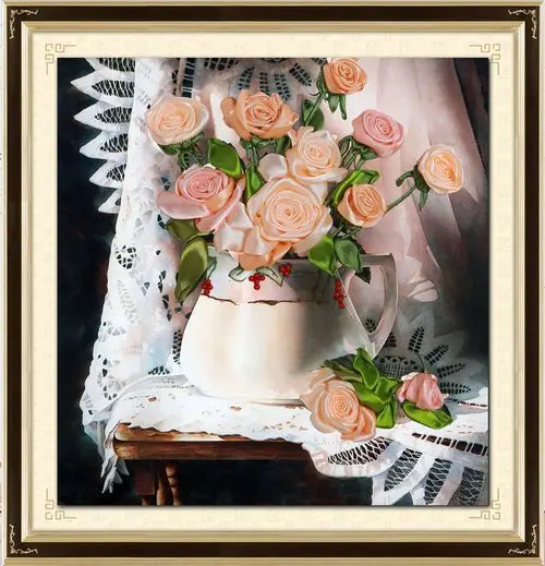 

Needlework,DIY Ribbon Cross stitch Sets for ribbon Embroidery kit,vase rose flower love Cross-Stitch handcraft wall home decor