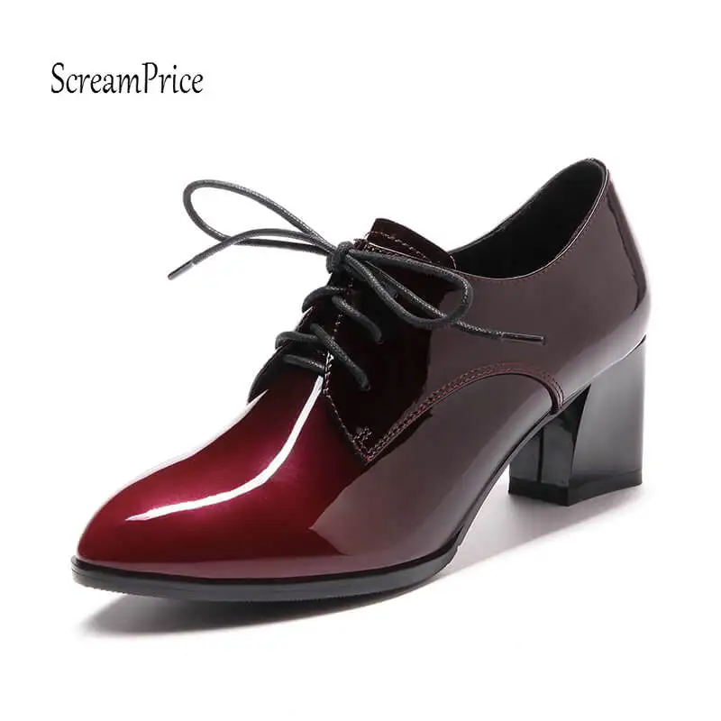 

Genuine Leather Chunky High Heels Lace Up Women Pumps Fashion Pointed Toe Dress Shoes 2018 New Spring Fall Red Apricot