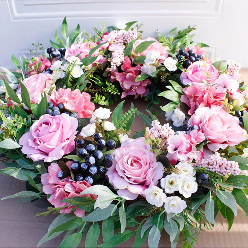 

56cm Artificial Rose Flower Wreath Home Garden Wall Centerpiece Window Front Door Hanging Fake Flower Garland Wedding Decoration