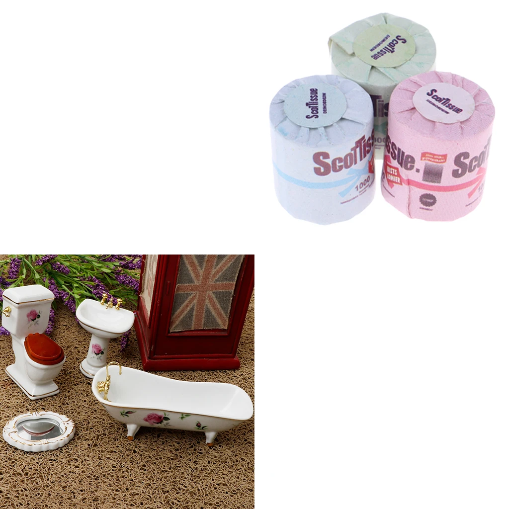 Ceramic Bathroom Floral Toilet, Bathtub Set with Toilet Paper Dollhouse Miniature for 1/12