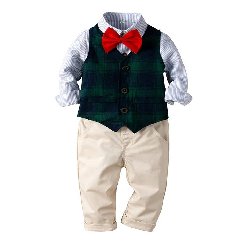 

Formal Gentleman Suit for Kids 4Pcs Toddler Boys Clothing Set Plaid Vest+Striped Shirt+Pants +Bow Tie Wedding Suits Fall Outfits