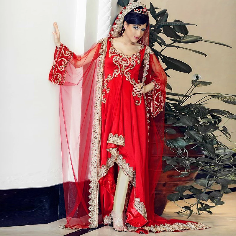 Front Short Back Long Red Evening Dress With Sleeves Dubai Moroccan Kaftan Turkish Women Clothing Gowns