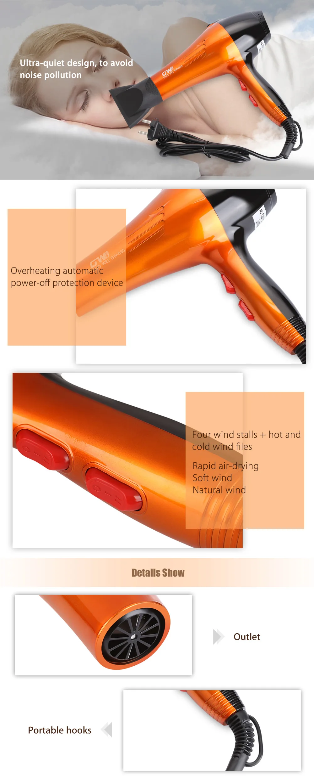 Guowei GW - 695 Powerful Electric Portable Traveller Compact Hair Dryer