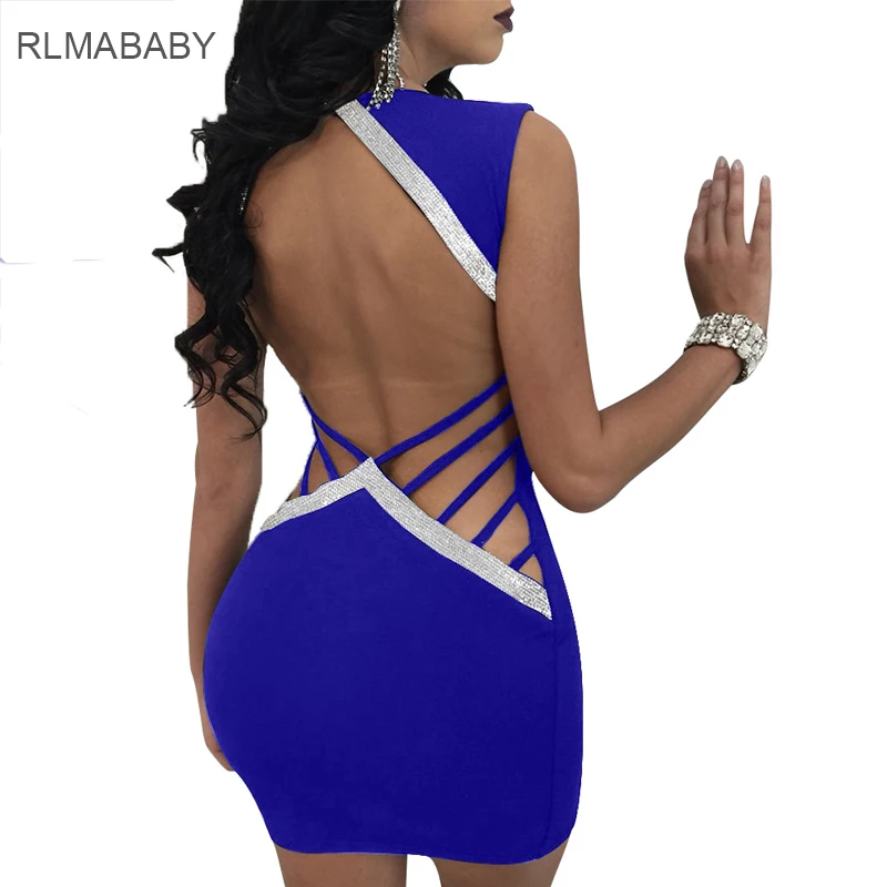 

RLMABABY Sexy Hollow Out Night Club Women Dress Slim Deep V Neck Sleeveless Sequined Patchwork Femme Bodycon Vestidos Mini Dress