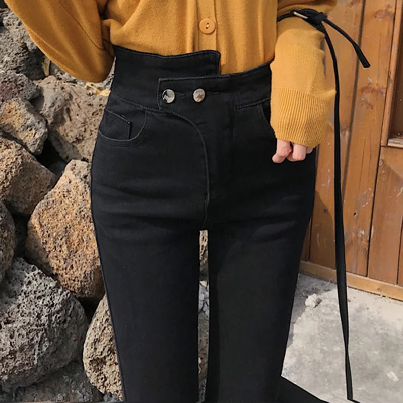 

modis 2019 spring summer Slim high waist sexy irregular nine ladies jeans pencil pants Korean mom trousers Skinny jeans women