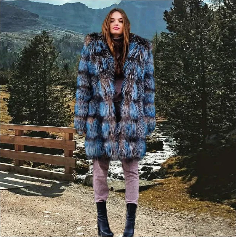Меховая Sarcar зимняя куртка из натурального меха для женщин, длинная Роскошная натуральная лисий мех с капюшоном, Модное теплое плотное меховое пальто с капюшоном