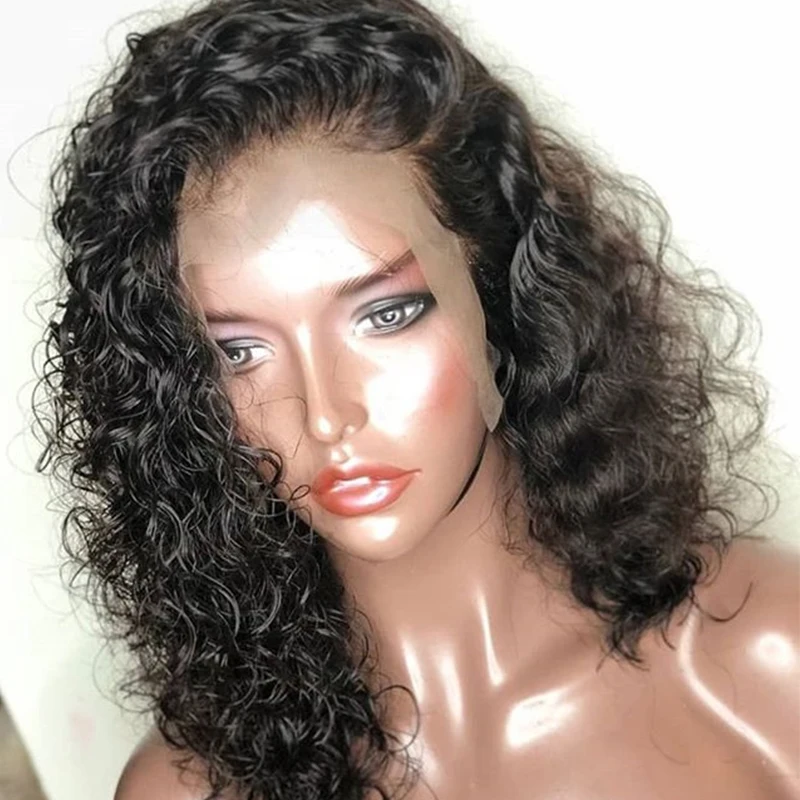 Короткие человеческие волосы парики для женщин черный волнистый Боб Cut 13x4 бразильский парик фронта шнурка предварительно сорвал черный Remy 130% плотность Ever beauty
